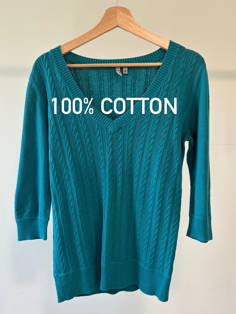 Caslon Teal Cable Knit V-Neck Sweater | 100% cotton | size M
